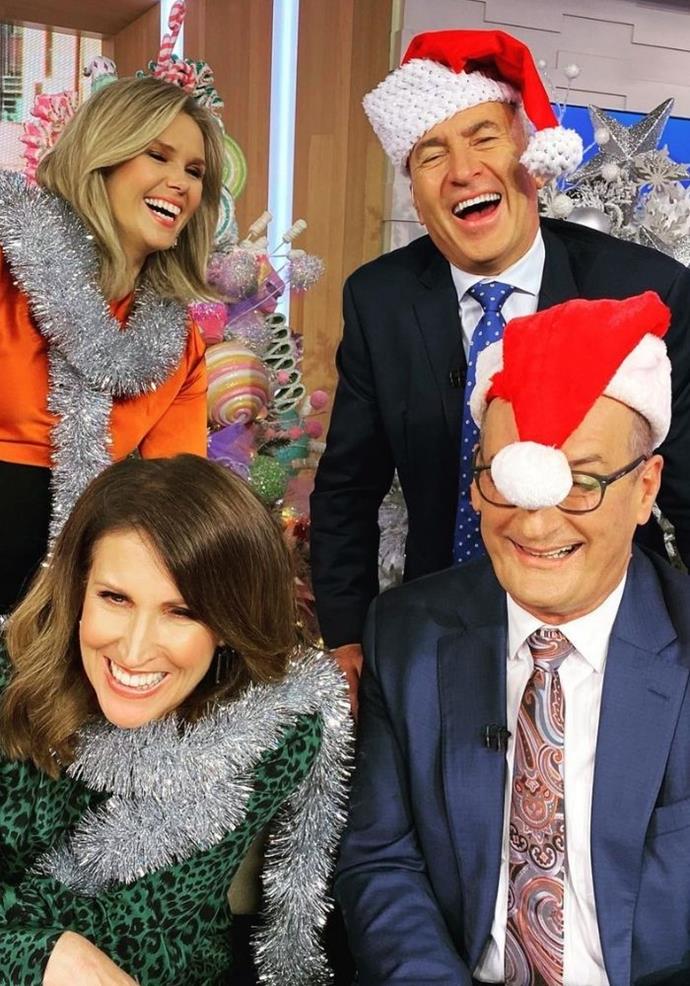 **David 'Kochie' Koch, Natalie Barr, Edwina Bartholomew and Mark Beretta** 
<br><br>
The *Sunrise* team is getting their jingle on by donning Santa hats and tinsel scarfs! Edwina Bartholomew posted the merry snap on her Instagram, and she gave it the caption, "'Tis the season for silly hats and funny photos @sunriseon7."