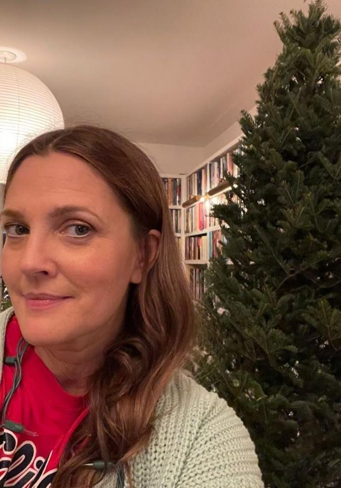 **Drew Barrymore** 
<br><br>
In true Drew Barrymore style, she infused her fun sense of humour into her Christmas post. The Hollywood star began her two-part series with this selfie of her bare tree, which she captioned, "Before."