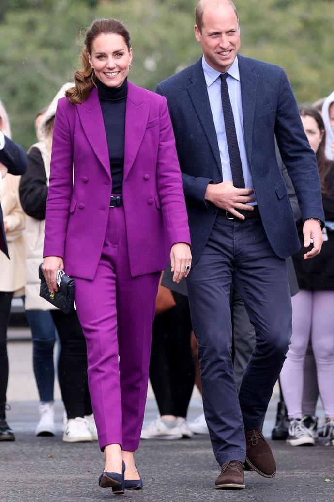 It was a powerful purple explosion when the duchess wore this pantsuit to visit North Ireland.