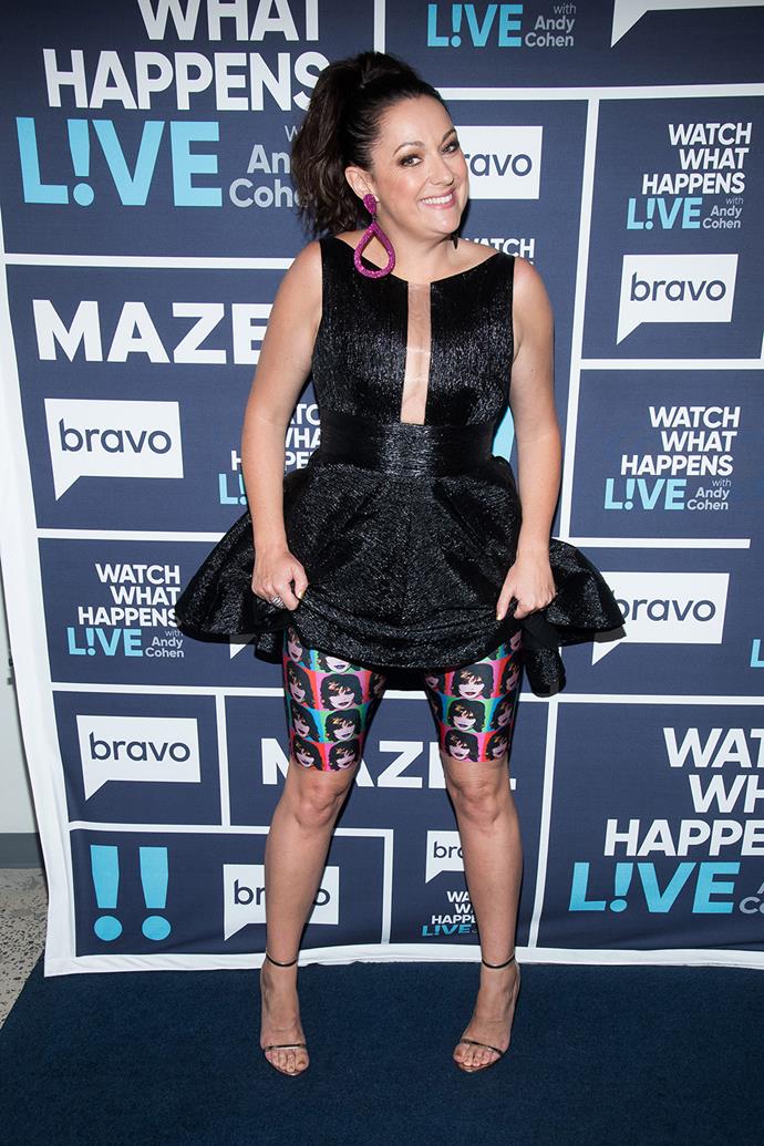 Dressing for style and comfort, Celeste threw on some whacky bike shorts under this short blac number to appear on *Watch What Happens Live With Andy Cohen* in June 2019. They tied in perfectly with her fuschia statement earrings.