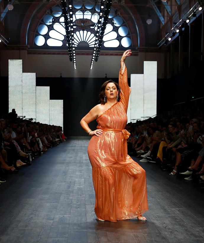 Another frock, another dramatic pose. Celeste changed into this floating organe Ginger & Smart number for a second strut along the runway.