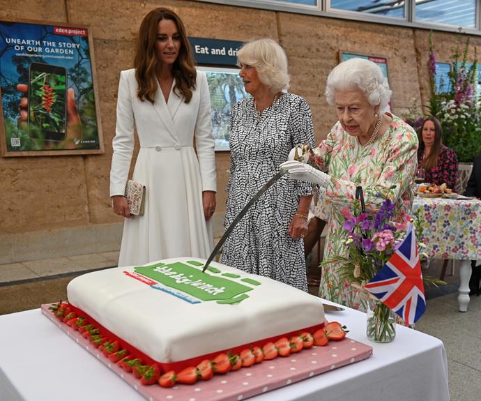 **June**<br>
Her Majesty was in good spirits as the UK reopened in June, attending a lively joint engagement with Kate and Camilla, Duchess of Cornwall.