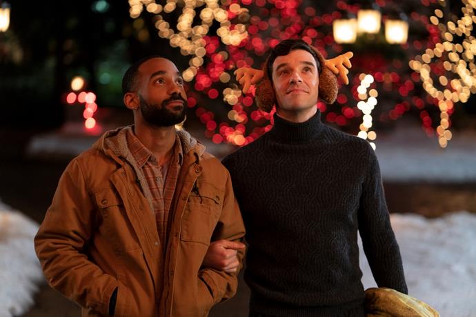 **Single All The Way (2021, Netflix)**<br><br> 
In a bid to avoid his family's judgment about his perpetual single status, Peter (Michael Urie) convinces his best friend Nick (Philemon Chambers) to pretend they're a couple and join him for the holidays. But when Peter's mum sets him up on a blind date with her handsome trainer James (Luke Macfarlane), things don't go to plan.