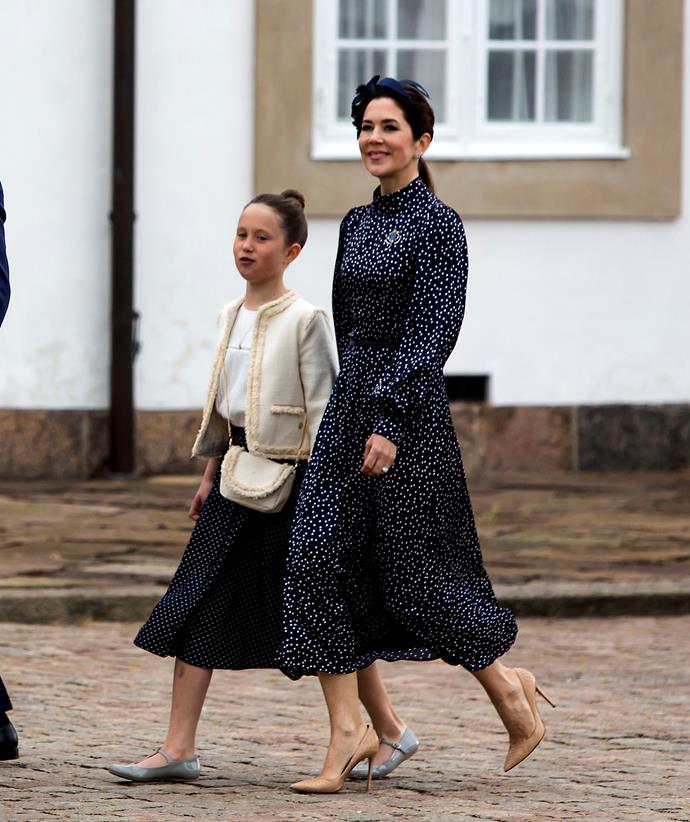 **Number 2**<br>
Though her wardrobe is versatile, Mary definitely has a signature style and her elegance and poise was on display when she donned this outfit for her eldest son, Prince Christian's confirmation.<br><br> [Dressed in an Iris & Ink polka-dot satin midi dress](https://www.nowtolove.com.au/fashion/fashion-trends/royal-spring-fashion-trend-polka-dots-69073|target="_blank"), the princess added a simple fascinator, glittering brooch an nude pumps to complete our second-favourite look of the year.