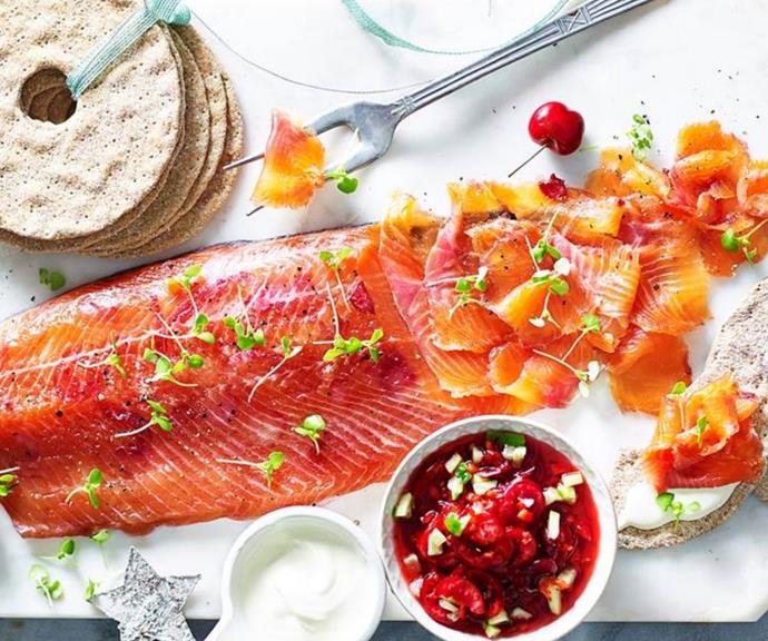[Cherry and ginger gravlax](https://www.womensweeklyfood.com.au/recipes/cherry-and-ginger-gravlax-2662|target="_blank")
<br><br>
There's nothing as eye-catching as a piece of perfectly cured salmon on your dinner spread, and this modern take on the classic is sure to be a hit. You will need to begin this recipe at least 24 hours ahead.