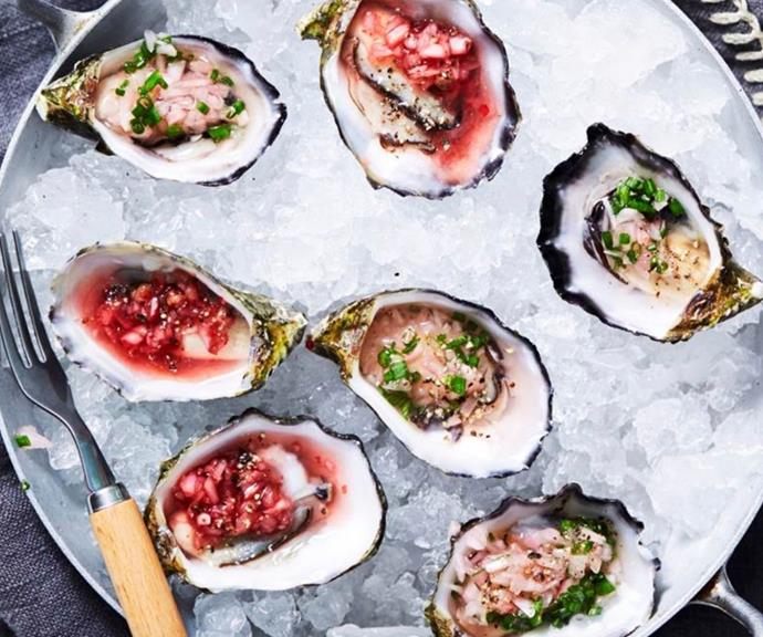 [Oysters with pink & green mignonette dressings](https://www.womensweeklyfood.com.au/recipes/oysters-with-pink-and-green-mignonette-dressings-31386|target="_blank")
<br><br>
We've given this classic oyster topping a makeover with two variations on the shallot dressing - a pink and green mignonette.