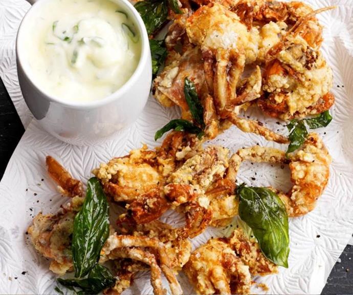 [Soft shell crab with green onion aioli](https://www.womensweeklyfood.com.au/recipes/soft-shell-crab-with-green-onion-aioli-28737|target="_blank")
<br><br>
Crunchy, succulent soft shell crab pairs brilliantly with this flavoursome green onion aioli. Enjoy it as finger food with a glass of wine, or as a starter to a big dinner party.