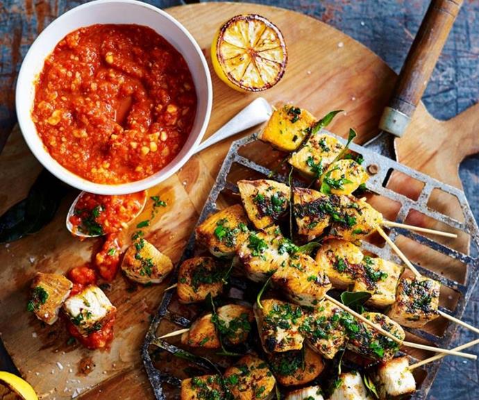 [Romesco with fish skewers](https://www.womensweeklyfood.com.au/recipes/romesco-with-fish-skewers-31498|target="_blank")
<br><br>
This nutty and fruity capsicum-based sauce is best home made. The traditional Spanish sauce is perfect for serving with char-grilled fish skewers at your next barbecue.