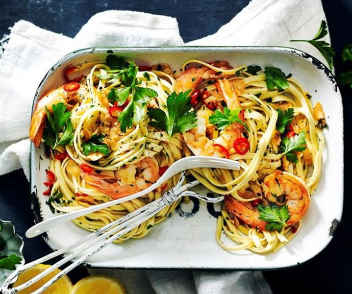 Recreate this restaurant favourite at home with beautiful [garlic prawn linguine recipe](https://www.womensweeklyfood.com.au/recipes/garlic-prawn-linguine-pasta-recipe-1690|target="_blank"), complete with marinated seafood tossed through beautifully light pasta.