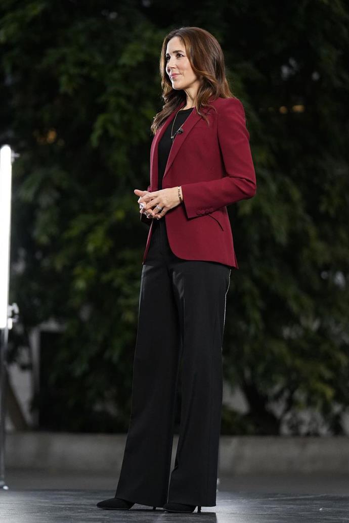 **Number 7**<br>
[Mary recycled her favourite red Alexander McQueen blazer](https://www.nowtolove.com.au/fashion/fashion-news/princess-mary-sustainable-fashion-red-blazer-69422|target="_blank") when she spoke at CFS +, a digital summit focusing on sustainable fashion. <br><br> She paired the staple piece with a black blouse, wide-leg trousers and pumps to ensure the focus was on her blazer, which she wore several times this year alone - talk about embodying the sustainable fashion message! See another time she wore it in the video below.