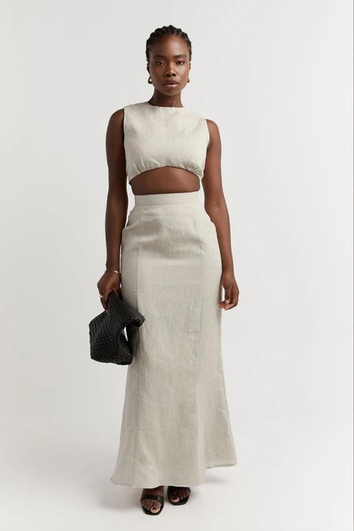 Spencer Natural Linen Midi Skirt, $99.99, [Dissh.](https://dissh.com.au/products/spencer-natural-linen-midi-skirt|target="_blank")