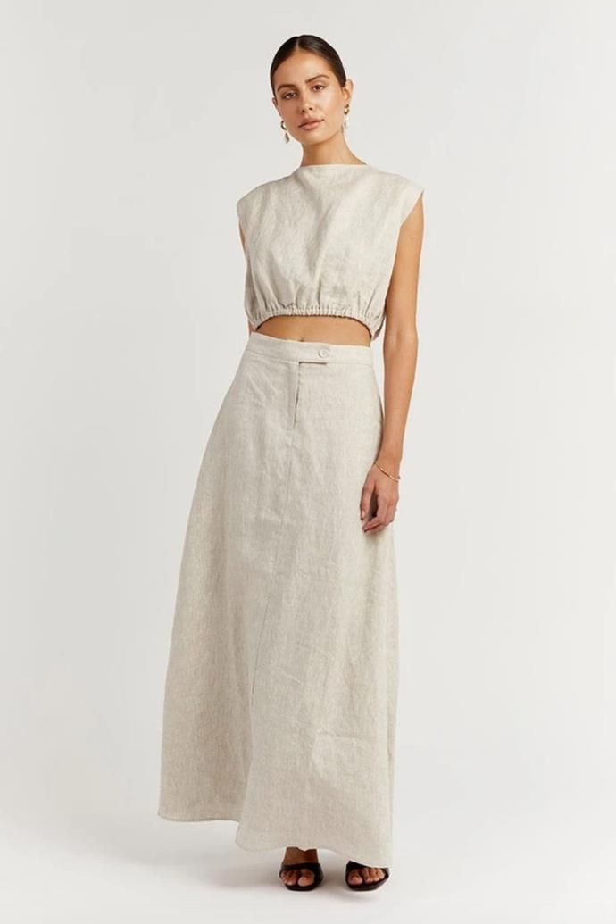 Wiley Natural Linen Midi Skirt, $99.99, [Dissh.](https://dissh.com.au/products/wiley-natural-linen-midi-skirt|target="_blank") 