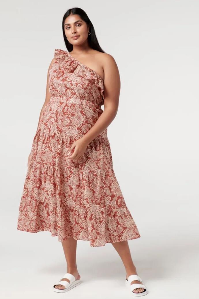 Carrie Curve One Shoulder Midi Dress, $149.99, [Forever New.](https://www.forevernew.com.au/carrie-curve-one-shoulder-maxi-dress-270518?colour=rust-sarasa|target="_blank") 