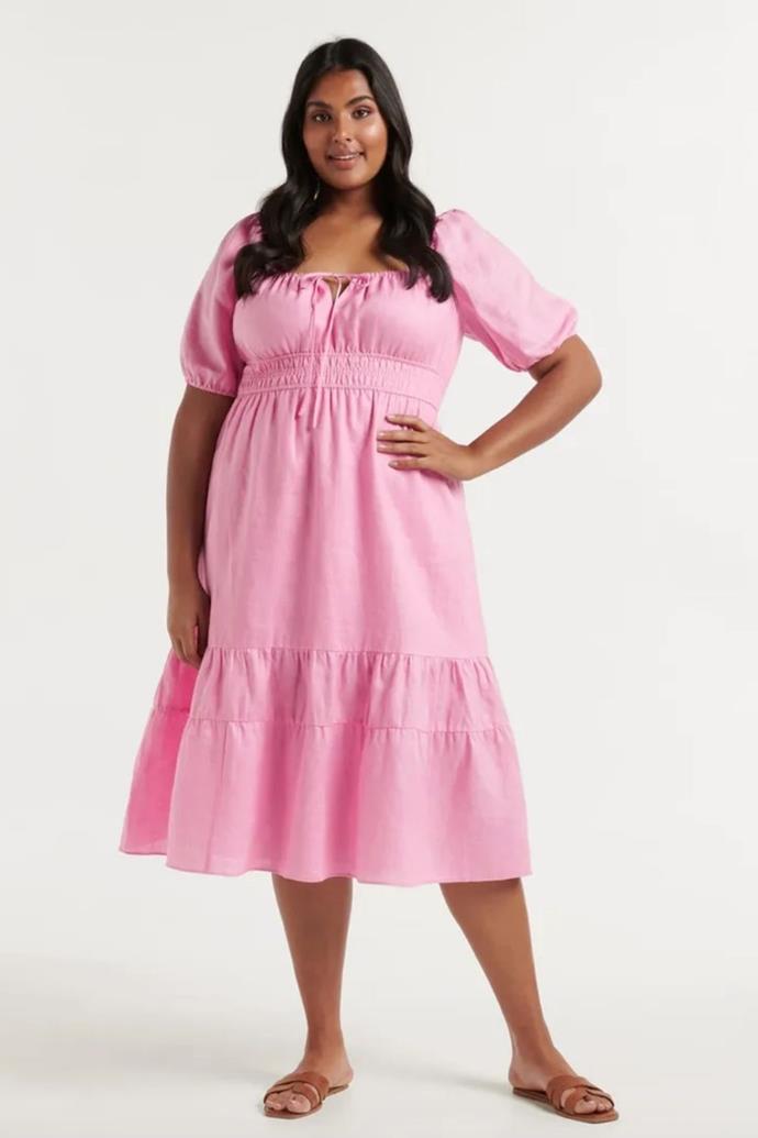 Josephine Curve Tiered Midi Dress, $149.99, [Forever New.](https://www.forevernew.com.au/josephine-curve-tiered-midi-dress-273500?colour=taffy-pink|target="_blank") 