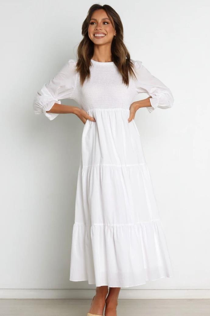 Liberty Dress, $89.95, [Petal + Pup.](https://petalandpup.com.au/collections/dresses/products/liberty-dress-white|target="_blank")