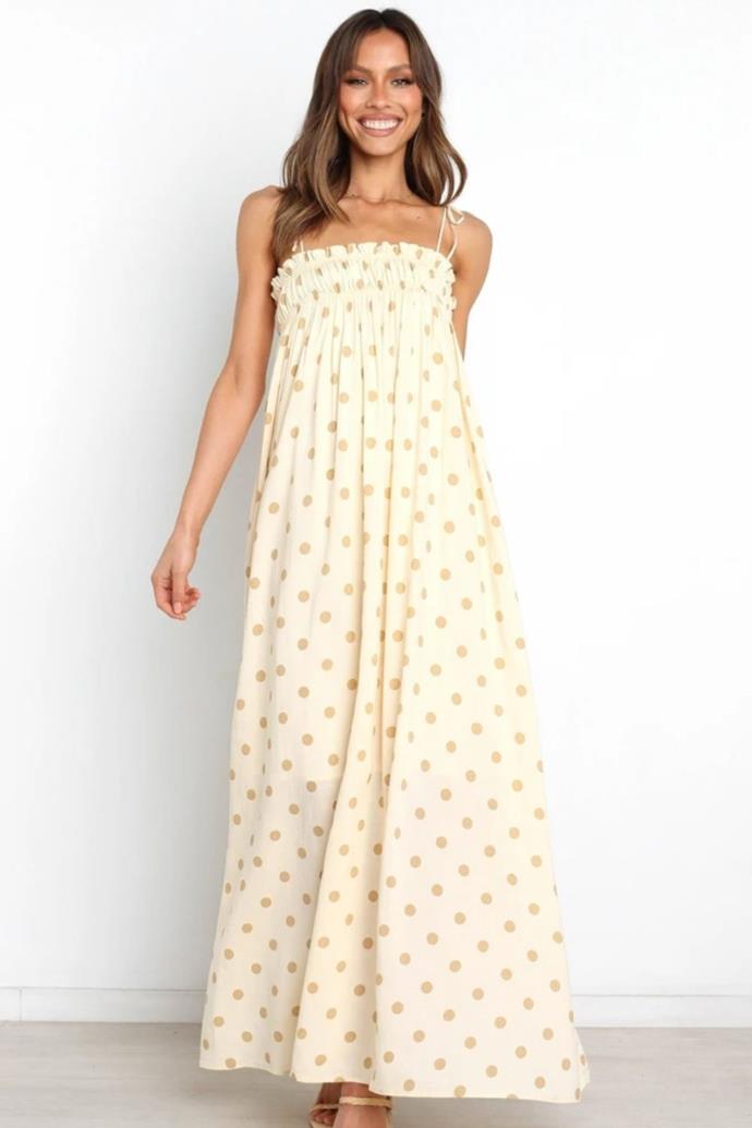 Urbana Dress, $119.95, [Petal + Pup.](https://petalandpup.com.au/collections/dresses/products/urbana-dress-beige|target="_blank") 