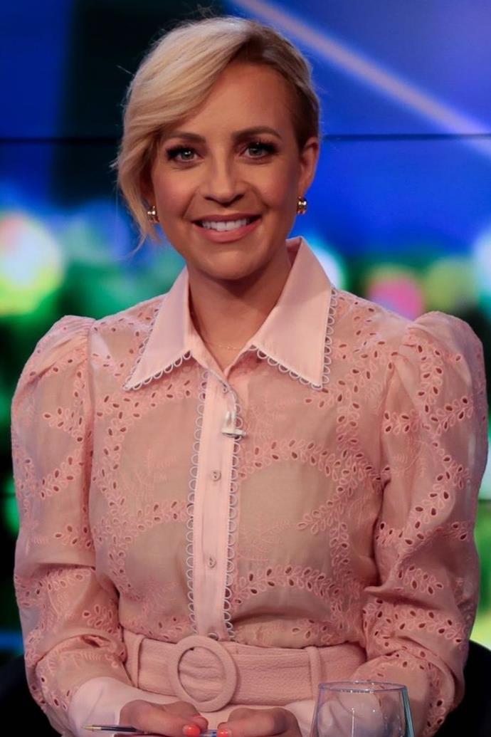 This puffy-sleeved and belted Pasduchas number was worn for an episode of *The Project,* and she paired it perfectly with subtle gold earrings.