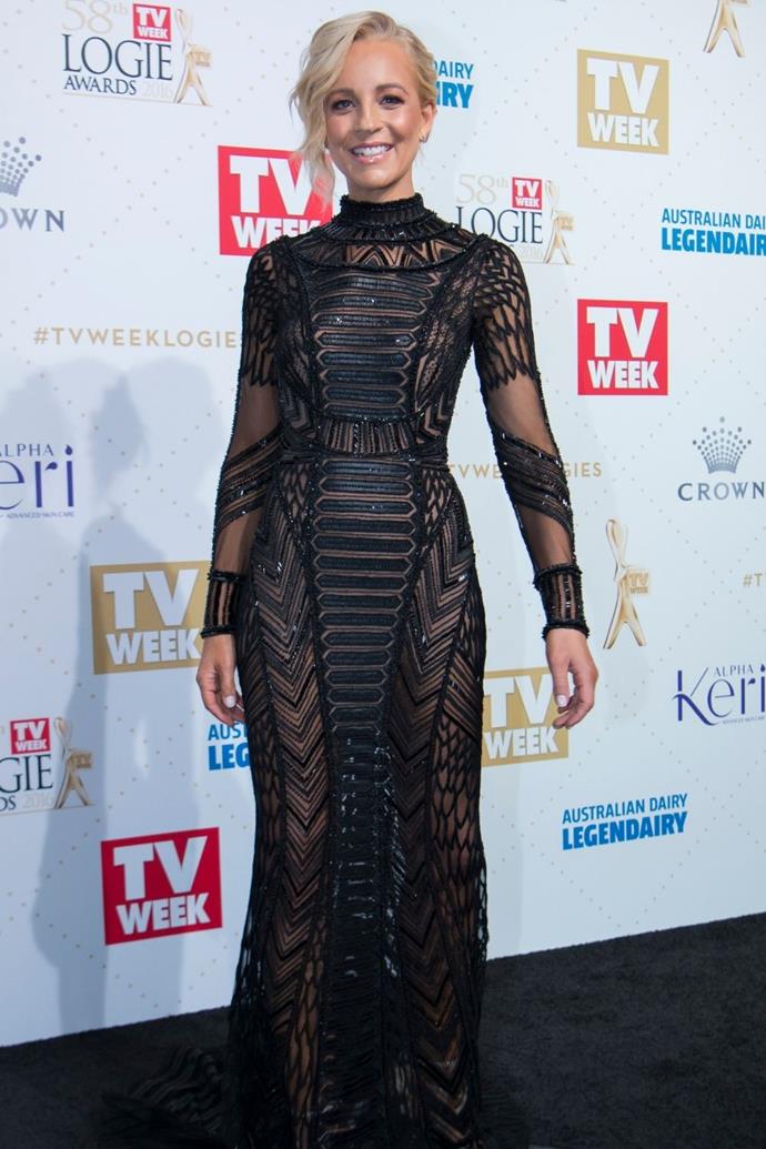 She looked impeccable in this unique dress adorned with bold three-dimensional lace at the 2016 TV WEEK Logie Awards.
