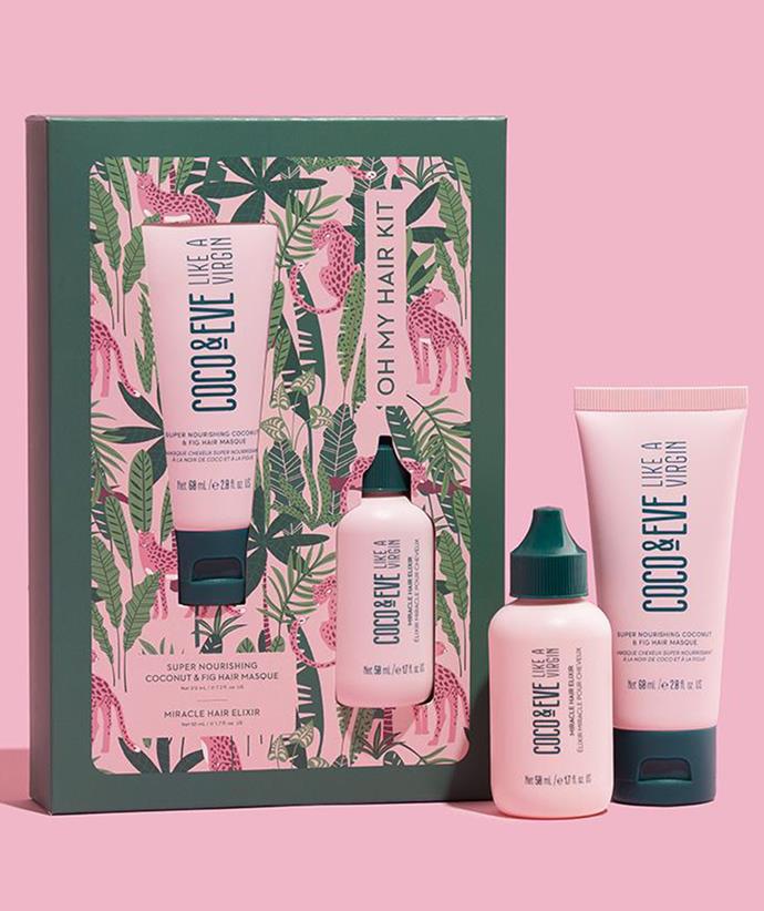**[Coco & Eve haircare kit](https://au.cocoandeve.com/products/oh-my-hair-kit|target="_blank"|rel="nofollow")**
<br>
For the friend or relative who always gets compliments on their hair, gift this delicious kit designed to pamper their locks. The pack features an ultra-nourishing, restoring Hair Masque and a Hair Elixir, a multi-use product ideal for pre-styling, finishing and treatments.
 <br><br>
***Shop the Oh My Hair Kit, $44.90, from [Coco & Eve.](https://au.cocoandeve.com/products/oh-my-hair-kit|target="_blank"|rel="nofollow")***