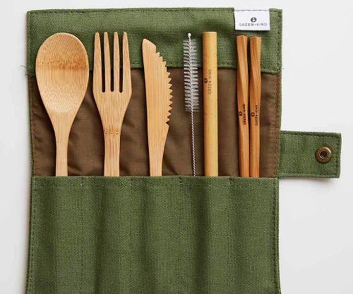 **Bamboo Cutlery Set**
<br><br>
This natural, bamboo cutlery set can replace disposable forks and knives for picnics or barbeques, keeping the planet from harm and saving you money in the long run.
<br><br>
It includes a knife, fork, spoon, chopsticks, bamboo straw and cleaning brush, and comes in a handy Green + Kind roll-up pouch with press stud close. 
<br><br>
Green + Kind Bamboo Cutlery Set, $19.95, [Flora & Fauna](https://www.floraandfauna.com.au/green-kind-bamboo-cutlery-set-roll-up-olive?gclid=Cj0KCQiA2NaNBhDvARIsAEw55hjyMZ4aSjTDOO-cqPpkm76v2WnRrGNY7BHyAISwdN9-t2-uxduxgJQaAqMIEALw_wcB|target="_blank"|rel="nofollow") 