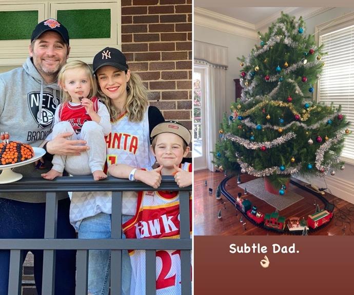 **Penny McNamee**
<br><br>
The former *Home and Away* star's doting husband, Matt Tooker, was tasked with decorating the real-life Christmas tree. He decked out their festive creation with typical tinsel, baubles, and a unique train set, which Penny captioned, "Subtle Dad."