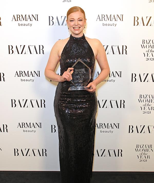 At the 2021 Harper's Bazaar Women of the Year Awards in London, Sarah shone in this Galvan black sequin halter neck gown, featuring a low back and high leg slit.
<br><br>
She accessorised with Jimmy Choo heels, Pamela Love drop earrings a Stuart Weitzman clutch, (and of course, her Television Actress Award plaque).