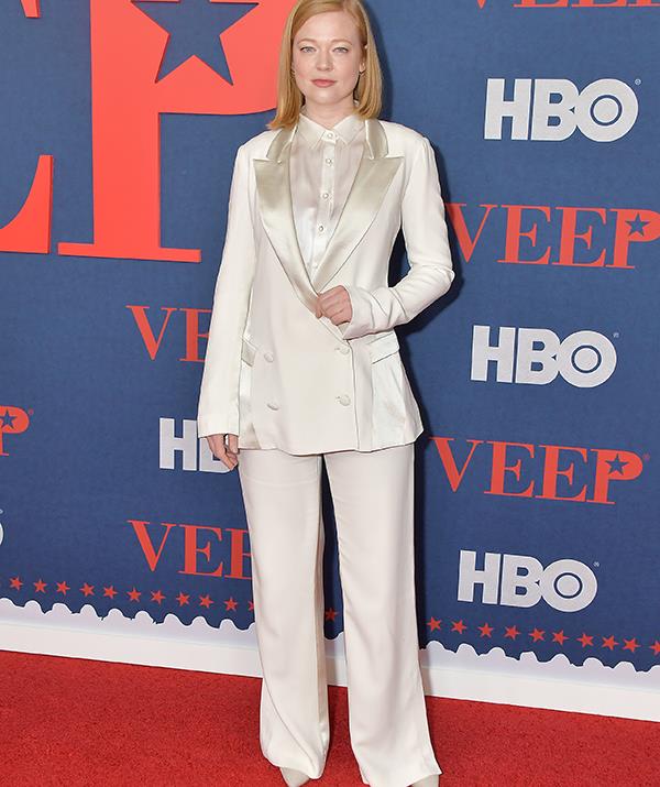 To walk the red carpet of the *Veep* Season 7 premiere in 2019, Sarah looked sharp in this ivory silk suit, featuring a double-breasted jacket, loose-fitting trousers and a matching blouse.