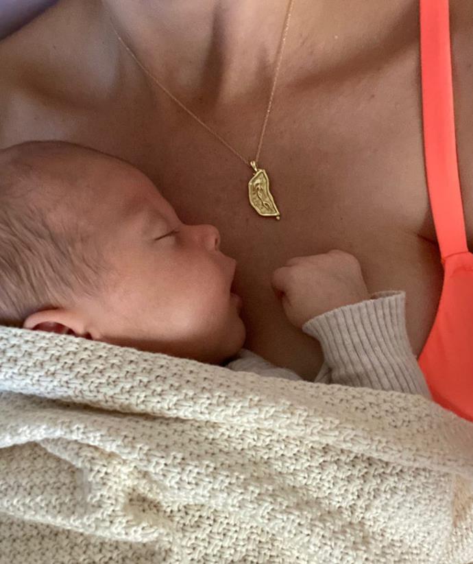 "Baby boy... I love you," Jen captioned this tender moment as Hendrix napped on her chest.