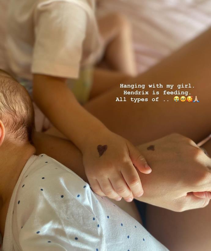 She also shared an update on how the siblings are getting along, and it couldn't be sweeter! Posting a snap of Frankie holding her hand while she fed Hendrix, Jen said it made her feel "all types of" emotions.