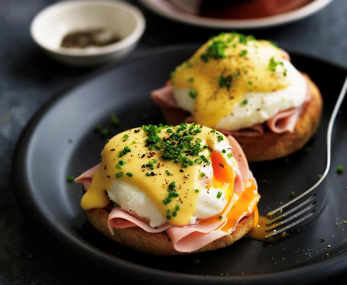 **Eggs Benedict**.
<br><br>
It's a classic. Add a little extra flavour to your poached eggs and ham with our creamy and tangy homemade hollandaise sauce.
<br><br>
[Find the full recipe here](https://www.womensweeklyfood.com.au/recipes/eggs-benedict-recipe-27384|target="_blank").