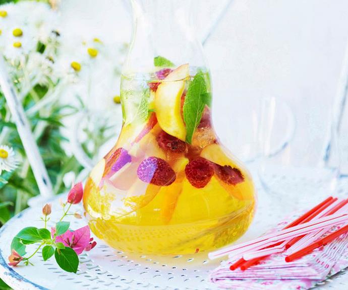**White Summer Sangria**
<br><br>
Start your summer party the right (and easy) way with this crowd-pleasing cocktail. This recipe for white wine sangria is so delicious and takes just five minutes.
<br><br>
[**Read the full recipe here**](https://www.womensweeklyfood.com.au/recipes/white-summer-sangria-27798|target="_blank")

