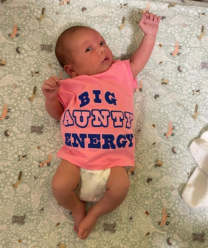 Miranda shared this cute update on Grace wearing a shirt from Blak-owned label Gammin Threads. She captioned the snap: "Thank you @gamminthreads for this little Aunty's deadly new tee. Got that side eye down pat 🥰💕"