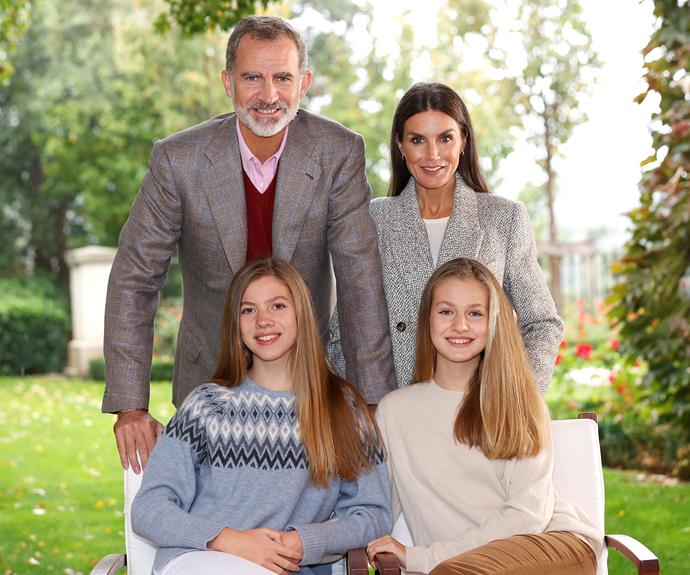 The Spanish royals shared another stunning card for Christmas 2021, featuring King Felipe VI and Queen Letizia of Spain posing with their children Crown Princess Leonor of Spain and Princess Sofia.