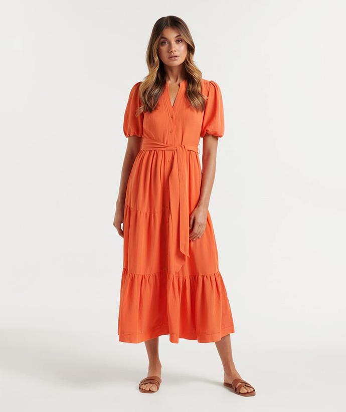 Lennie Tiered Midi Dress, $129.99, from [Forever New.](https://www.forevernew.com.au/lennie-tiered-midi-dress-271571?colour=nemo|target="_blank"|rel="nofollow")