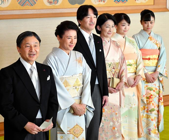 Princess Mako (second right) with (L-R) Emperor Naruhito, Empress Masako, Crown Prince Fumihito, Crown Princess Kiko of Akishino and Princess Kako of Akishino.