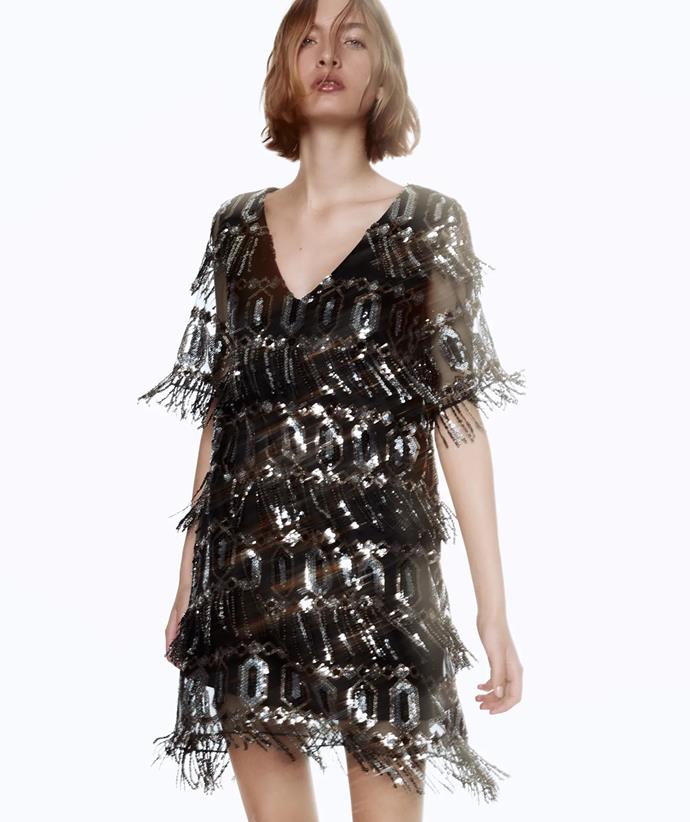 If you want a bit of added sparkle, shop the Sequinned Dress With Fringing, $109, from [Zara](https://www.zara.com/au/en/sequinned-dress-with-fringing-p07101053.html?v1=146170351&v2=1877848|target="_blank"|rel="nofollow").
