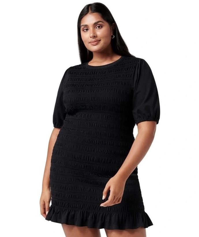 If you want something figure-hugging yet comfortable, shop the Forever New Alexa Curve Shirred Mini Dress Black, $99.99, from [Myer](https://www.myer.com.au/p/forever-new-curve-alexa-curve-shirred-mini-dress-black|target="_blank"|rel="nofollow").