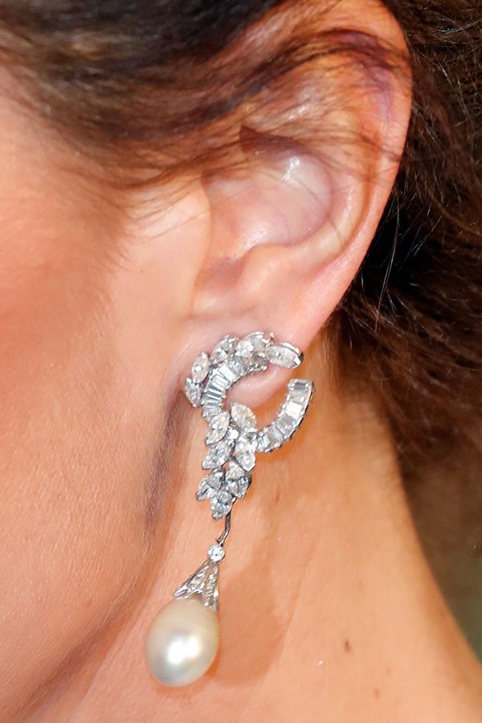 Her eye-catching earrings weren't just beautiful they also belonged to Princess Diana, who had worn the diamond and pearl pair to the Royal Albert Hall in 1991.