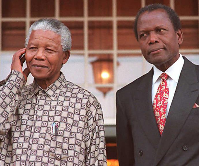 Poitier with Nelson Mandela, whom he portrayed in the 1997 TV drama *Mandela and de Klerk*.