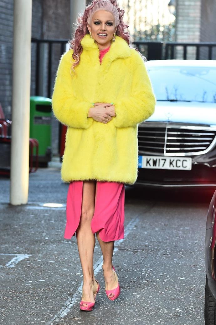 Courtney's street style is also a perfection of pop colours - her statement yellow coat matched with a pink dress, shoes, and hair is the palette combo we didn't know we needed.