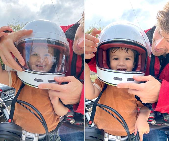 Proud dad Osher showed Wolfie the ropes on his motorbike, starting with the most important piece of equipment: a helmet!