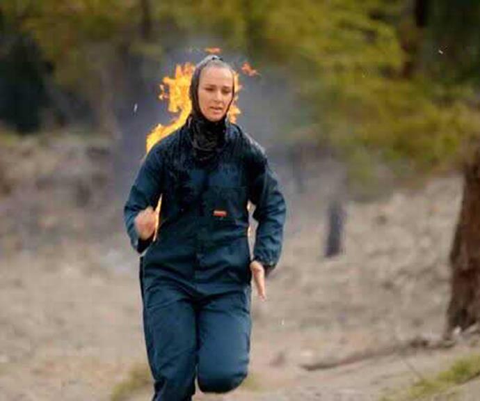 The 35-year-old was seen competing in a range of tough challenges, including running while being literally set on fire.