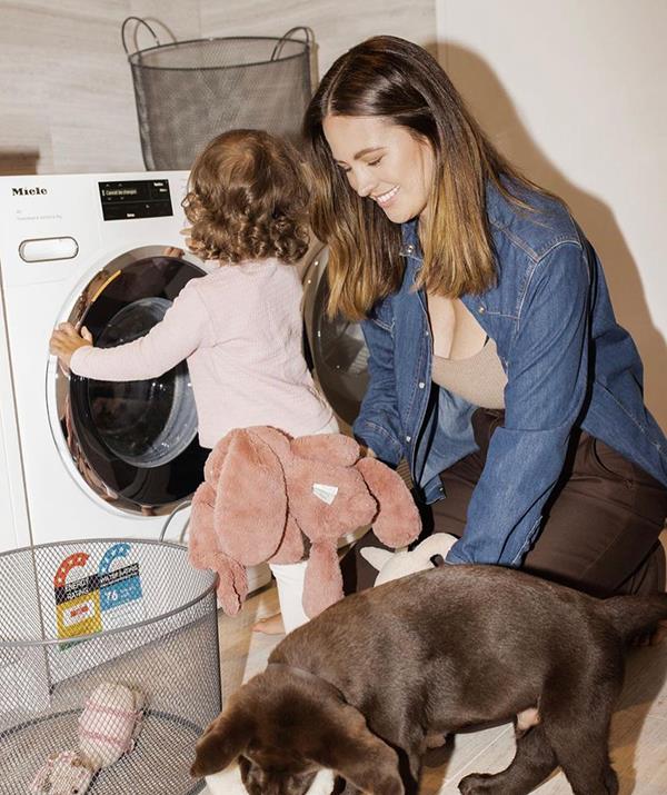 Jesinta shares Tallulah, who turns two next month, and 10-month-old Rocky with Buddy.