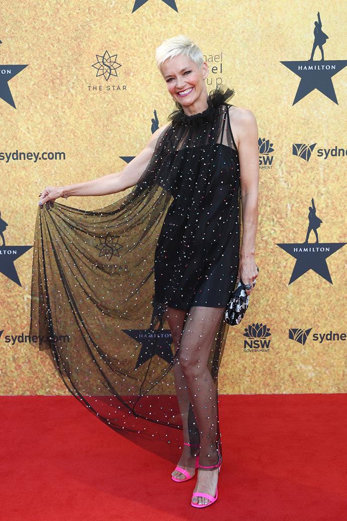 The star put her own spin on the classic little black dress with this number, which featured a sheer layer covered in tiny colourful dots. Don't foget about the neon heels!