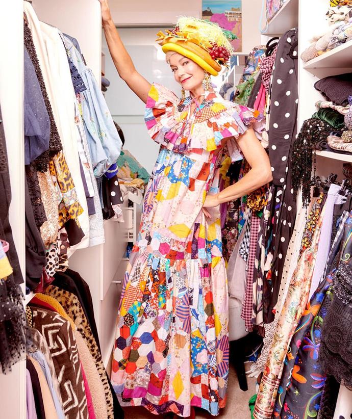 We can't get enough of this colourful patchwork maxi dress, and the hat really makes it pop!