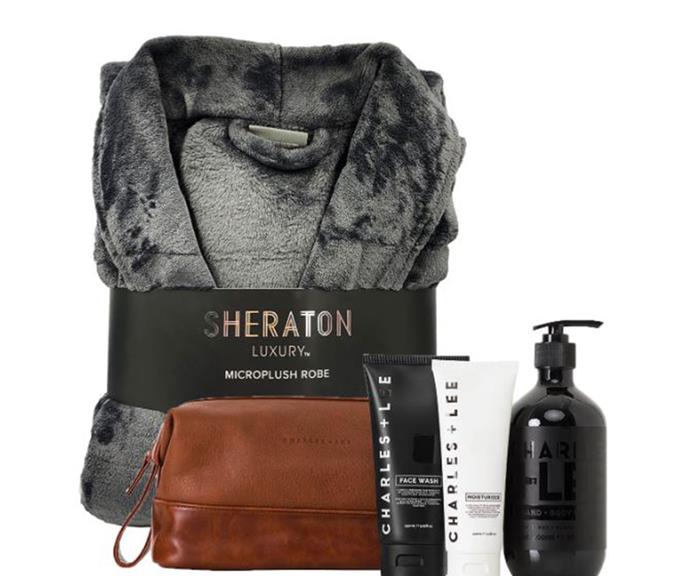 **Travel Bag and Bathrobe**
<br><br>
Spoil the man in your life with the Men's Travel Bag and Bathrobe. Featuring their daily go-to skincare products, by Charles + Lee (Australia) in an ultra-manly looking toiletry bag and a microplush Sheraton bathrobe. 
<br><br>
Wrapped in gift cello for protection and includes a personalised card. This gift is perfect for Valentine's Day.
<br><br>
Men's Travel Bag and Bathrobe, $149, [Gift Basket](https://www.giftbasket.com.au/mens-travel-bag-and-bathrobe/?gclid=CjwKCAiAxJSPBhAoEiwAeO_fP_UEpq1kML2IpEfWp0tgEsFHdjeWGI3aIv3ypvru5_O-9OUfiOIQPxoCu4kQAvD_BwE|target="_blank"|rel="nofollow") 