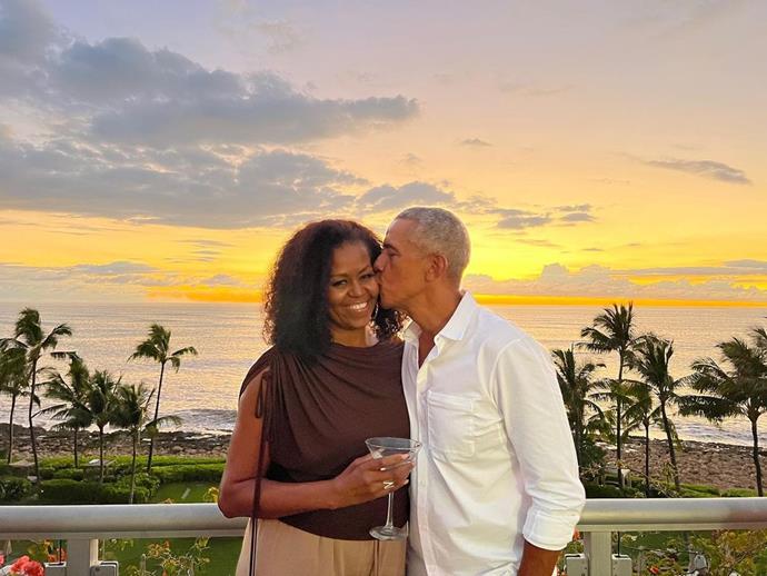To celebrate Michelle's 58th birthday, the former president shared this sweet picture of him planting a kiss on her cheek with the sunset behind them. 
<br><br>
He sweetly wrote, "Happy birthday, Michelle. My love, my partner, my best friend..."
<br><br>
A besotted Michelle commented, "❤️😘," on her husband's post.