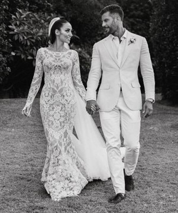 **Snezana Markoski and Sam Wood**
<br><br>
The couple who met on the third season of *The Bachelor* tied the knot in a small but stunning intimate ceremony surrounded by family and close friends at Byron Bay's Fig Tree Restaurant in 2018.
<br><br>
Snezana looked like a true princess in her custom made lace gown by Pallas Couture surrounded by her bridesmaids dressed in neutral tones.