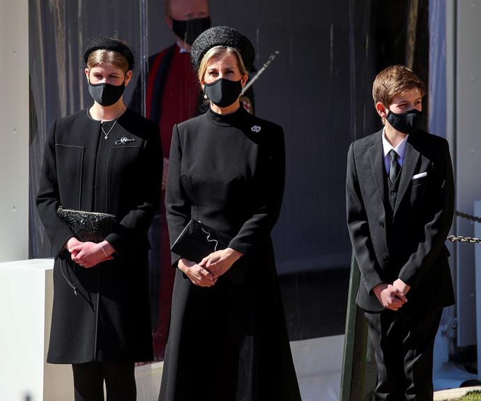 Sophie stood with her children by her side as they farewelled Prince Philip at his April 2021 funeral.