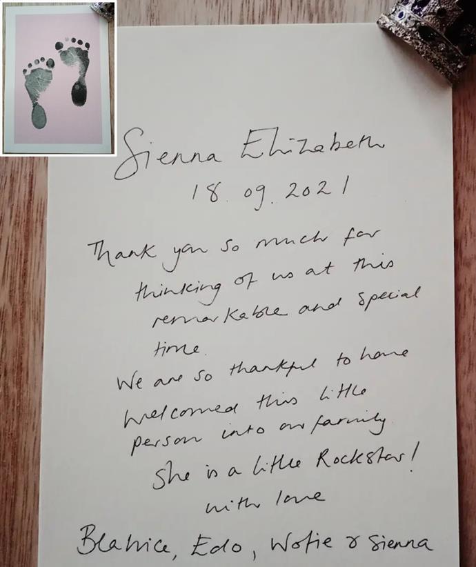 The card featured Sienna's tiny footprints on the front.